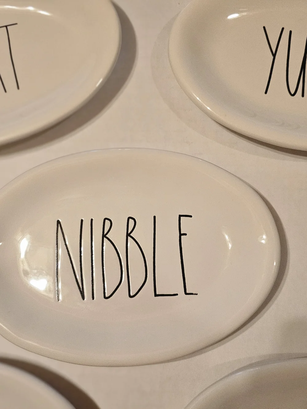 Rae Dunn White Oval Snack Plates with Black Lettering - Set of 5